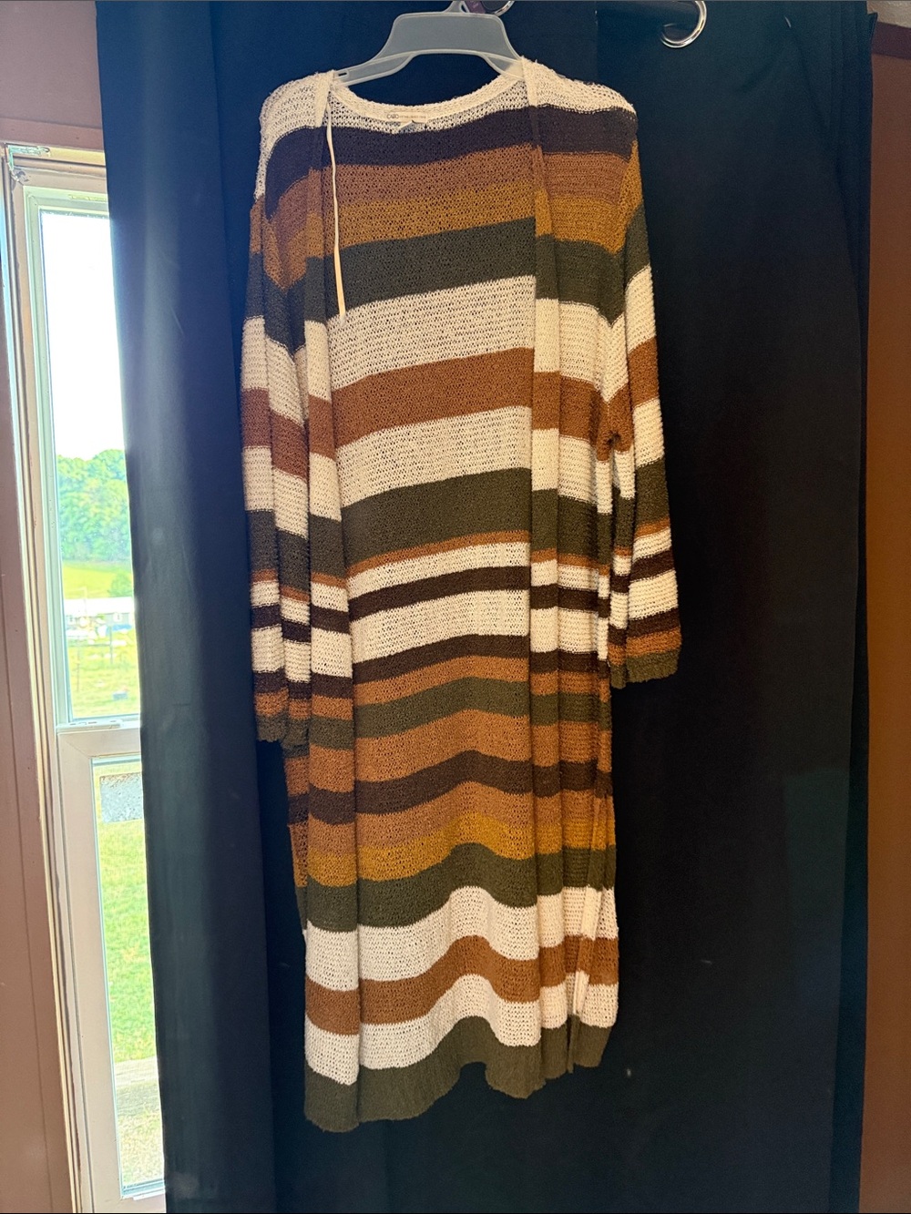 Cato Long Open-Front Striped Cardigan in White, Brown, Olive & Mustard